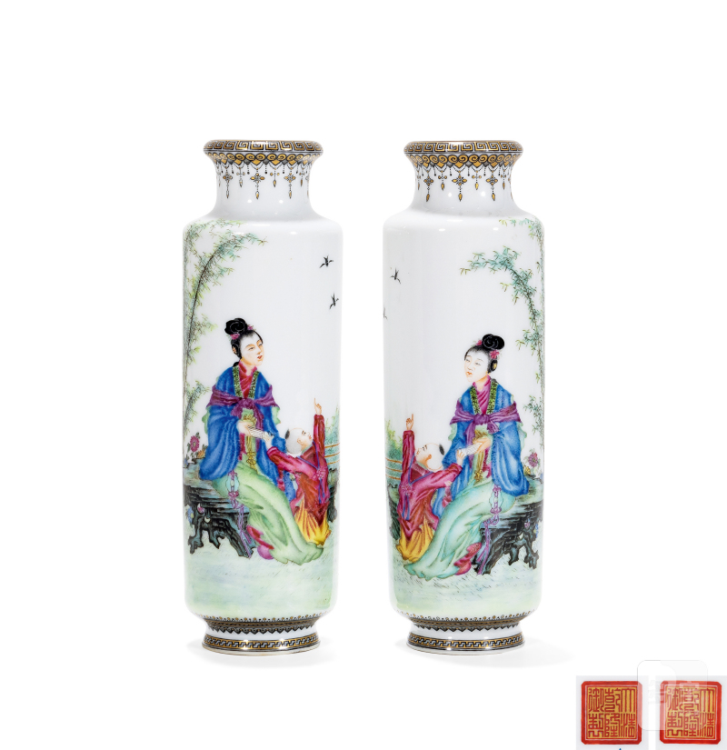 民国 叶震嘉绘珐琅彩仕女图筒瓶一对 - 图3